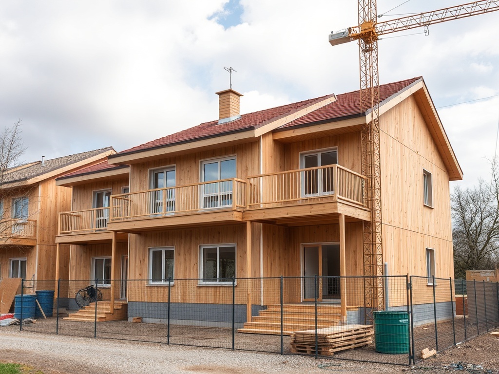 Двухэтажный дом с деревянным фасадом, строящийся рядом с зеленым забором и строительным краном на фоне облачного неба.