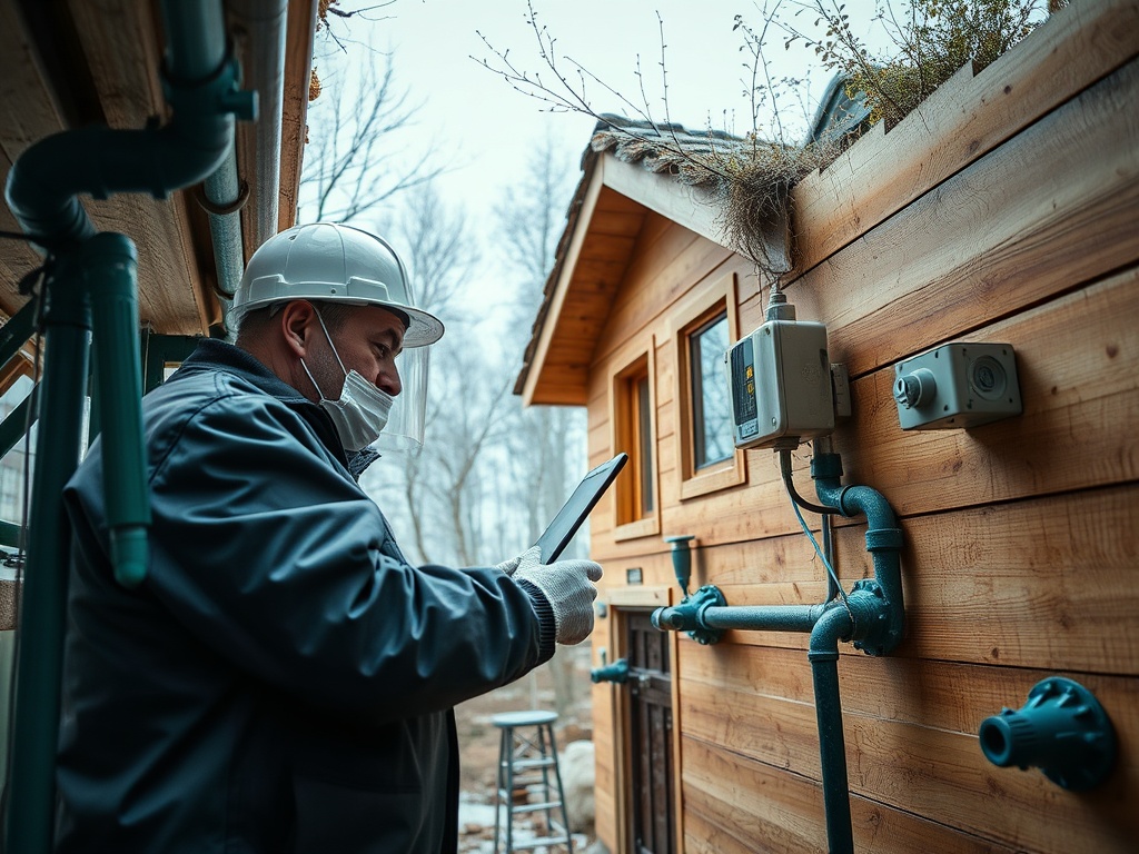 Рабочий в каске и маске проверяет оборудование на стене деревянного дома с помощью планшета. Зимой.