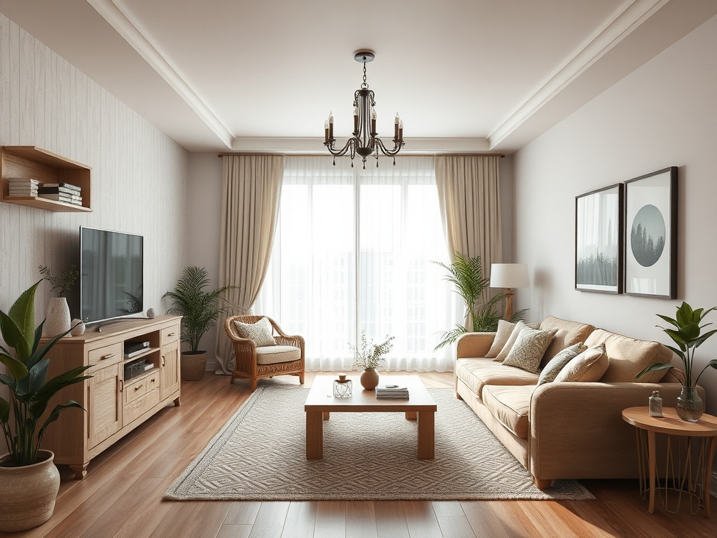 Светлая гостиная с мягкой мебелью, ковром, телевизором и большими окнами, пропускающими солнечный свет.