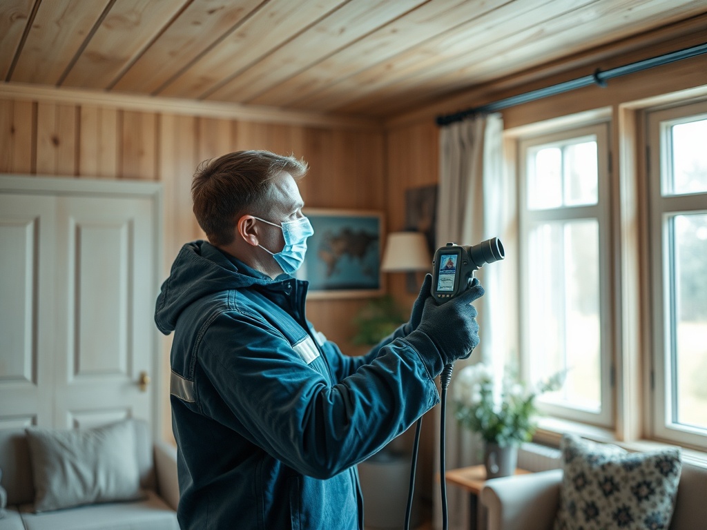 Мужчина в маске использует прибор для измерения температуры в комнате с деревянными стенами.