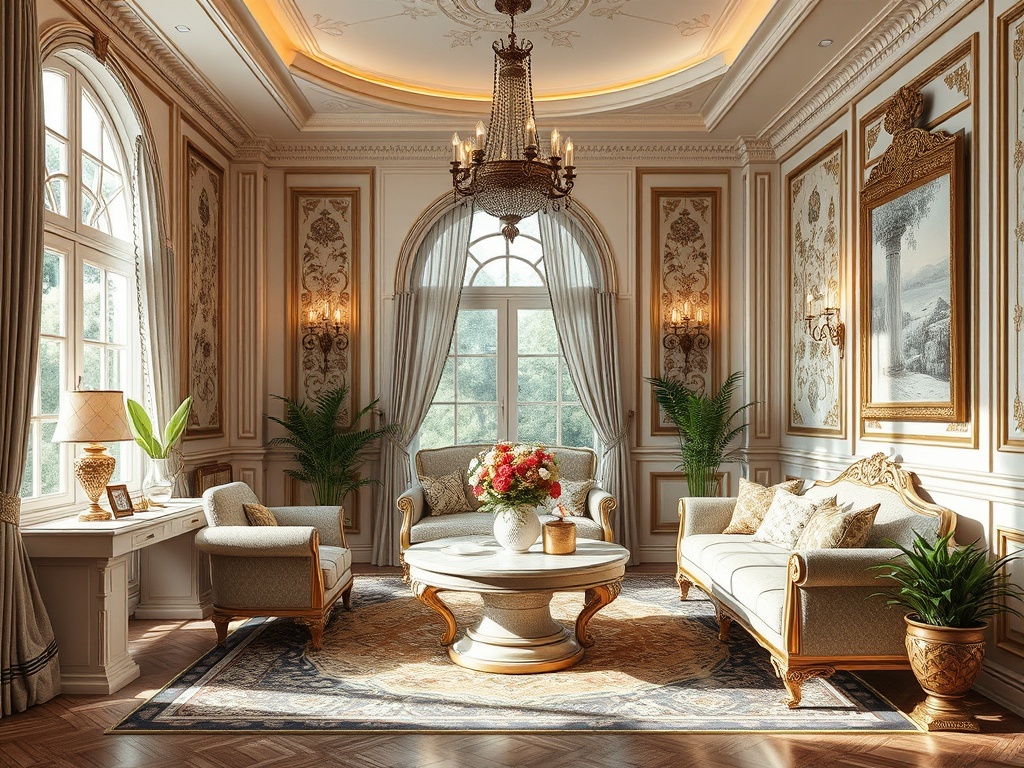 Элегантная гостиная с роскошной мебелью, живыми растениями и светлыми обоями под солнечным светом.