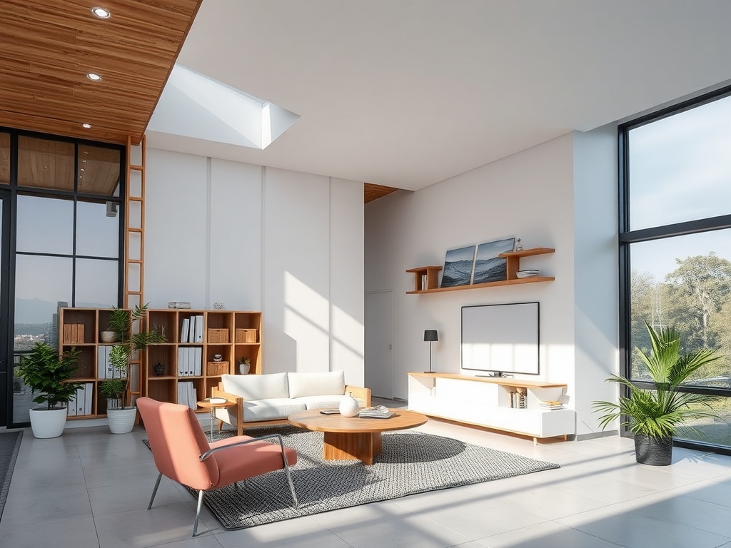 Современная светлая гостиная с большими окнами, уютной мебелью и минималистичным дизайном.