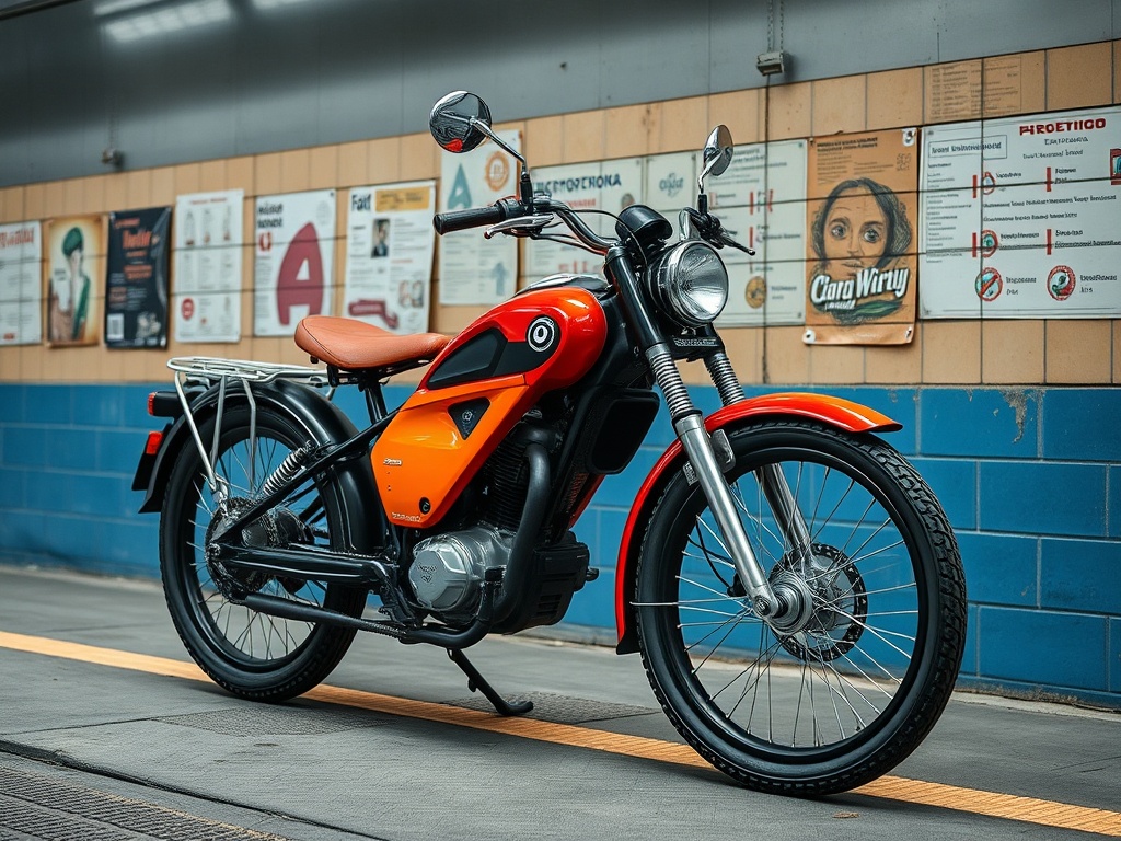 На фото мотоцикл оранжевого цвета с коричневым сиденьем, стоящий на фоне стены с постерами.