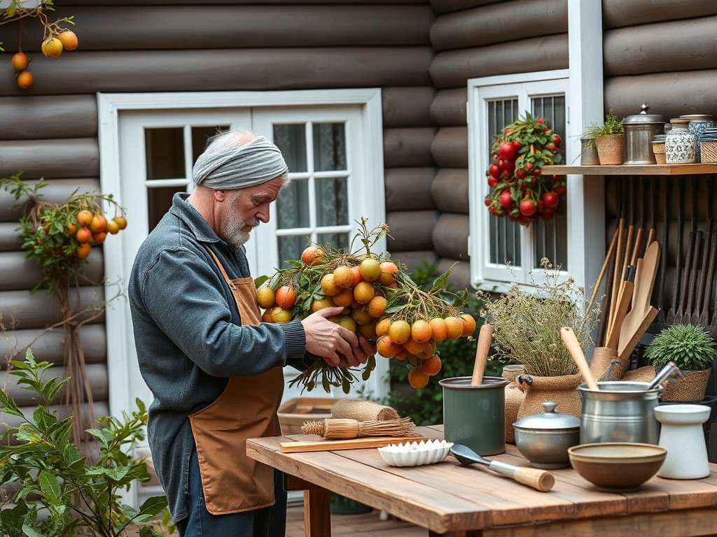 Мужчина собирает апельсины в саду у деревянного дома, рядом лежат кухонные принадлежности и зелень.