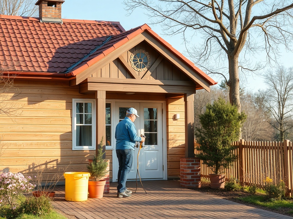 Мужчина стоит у деревянного дома с пультом для полива сада, рядом желтая ведерко и растения.