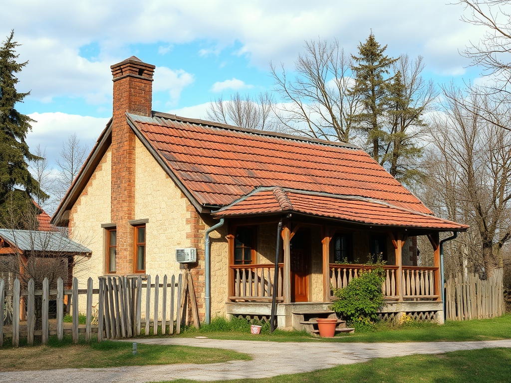 Дом с крышей из черепицы, окружённый природой, с деревянным забором и верандой. Ясный день и голубое небо.