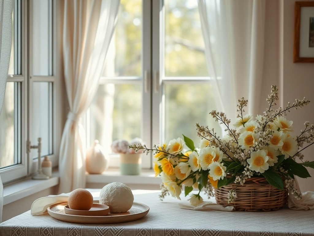 На столе в светлой комнате лежат цветы в корзине и фрукты на тарелке, солнечный свет проходит через окна.