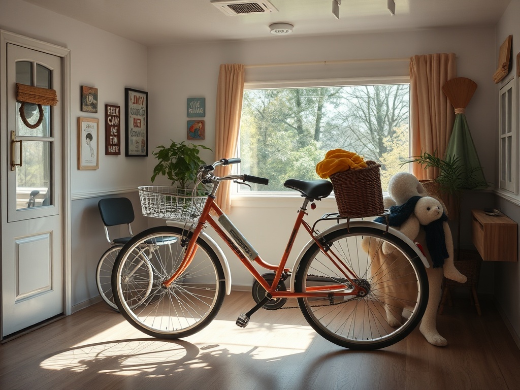 В комнате с окном стоит оранжевый велосипед, рядом мягкие игрушки и зеленое растение на подоконнике.