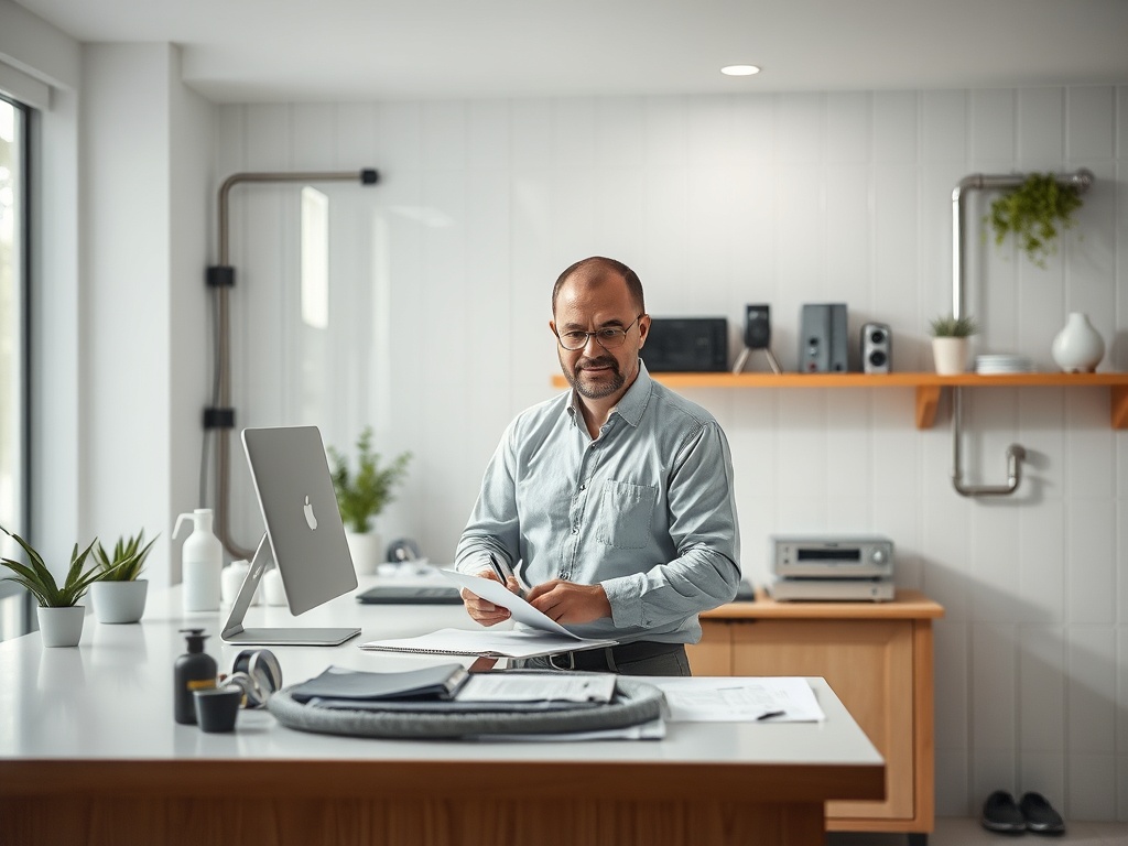 Мужчина в светлой рубашке стоит за столом с компьютером, записками и растениями. Современный офис.
