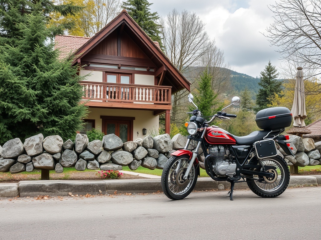 Мотоцикл припаркован у каменной ограды перед уютным домом в окружении природы. Осень.