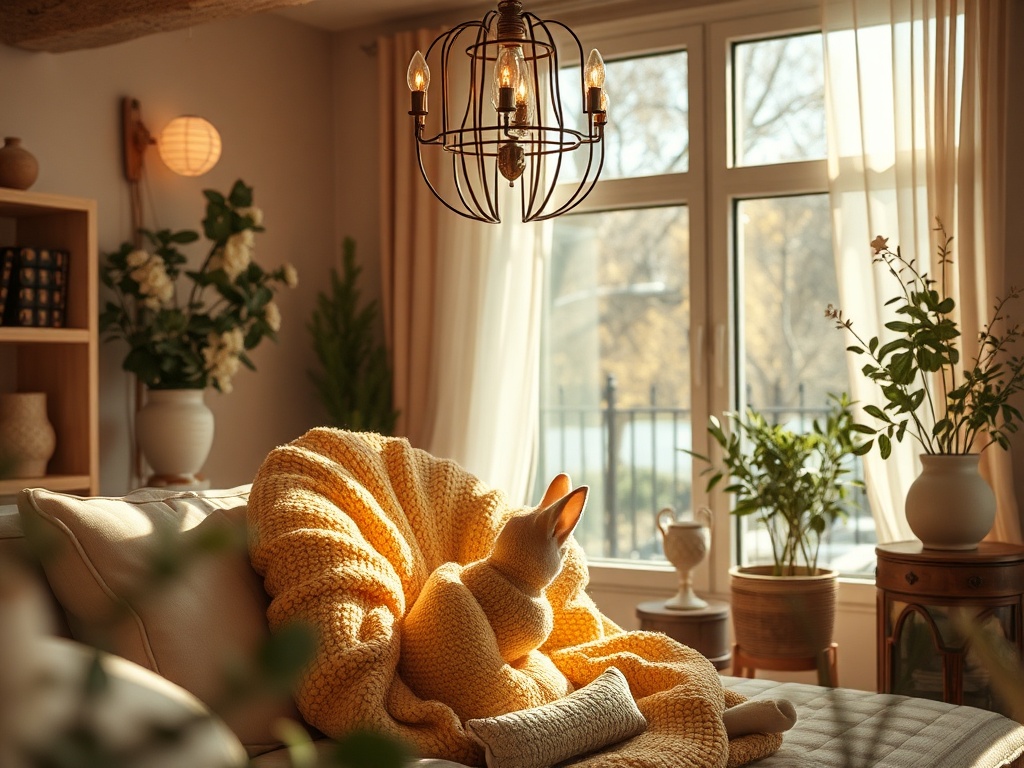 Уютная комната с мягким диваном, одеялом и растениями у окна. Светит лампа, создавая тёплую атмосферу.