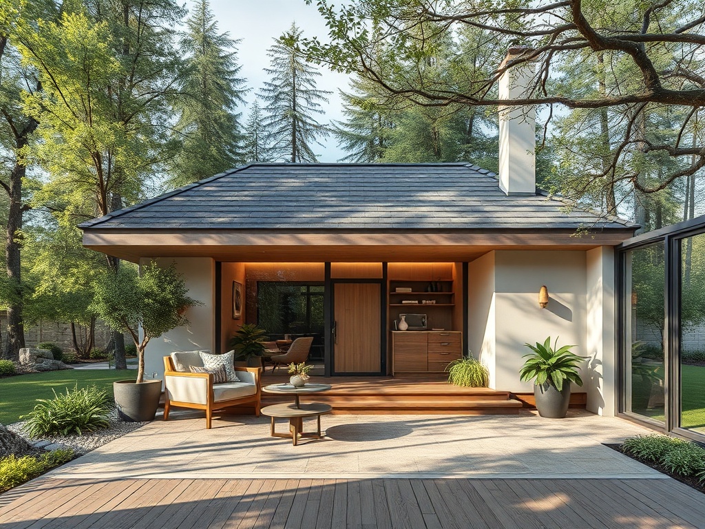 Современный дом с террасой, обрамленный зеленью и деревьями, создан для спокойного отдыха на природе.