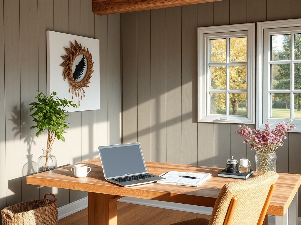 Светлый кабинет с деревянным столом, ноутбуком и растением, освещенный солнечными лучами.