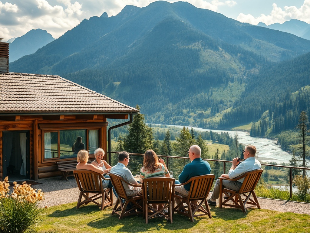 На террасе дома группа людей наслаждается природой и красивым горным пейзажем.