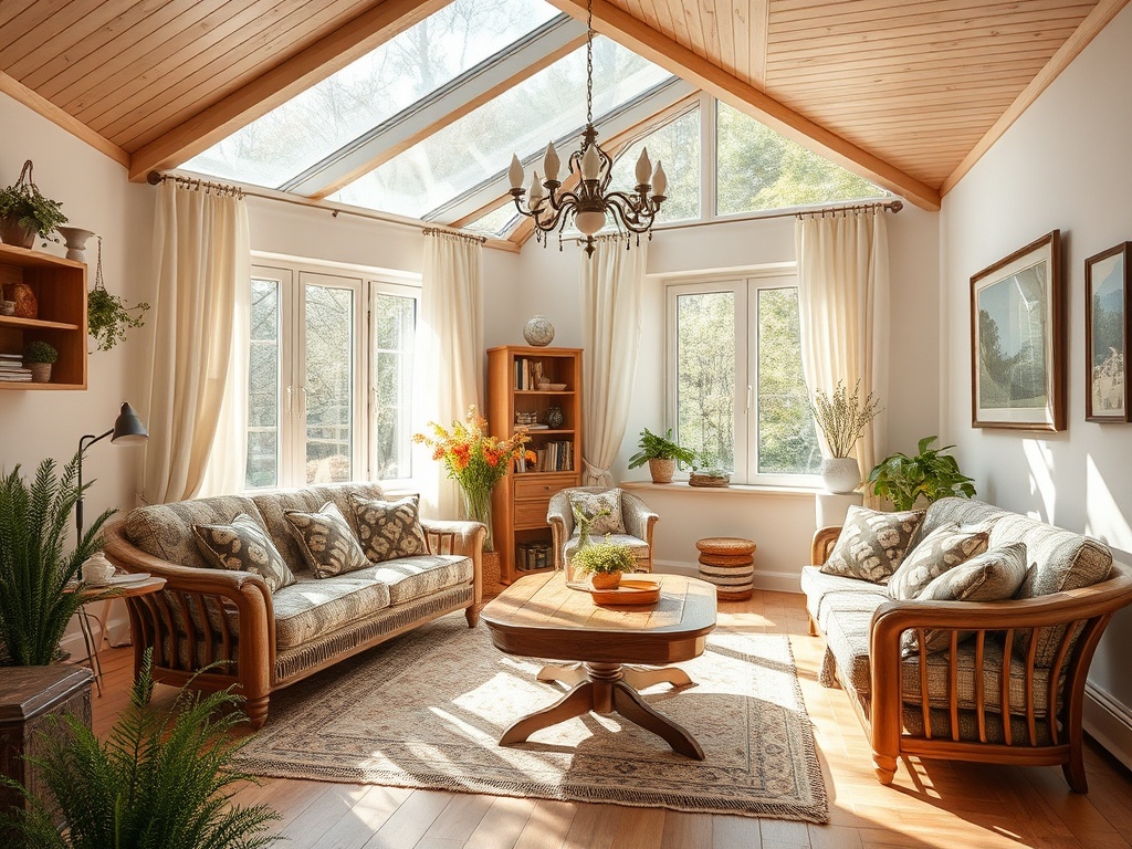 Светлая гостиная с деревянным потолком, уютной мебелью и большими окнами, наполненная зеленью и цветами.