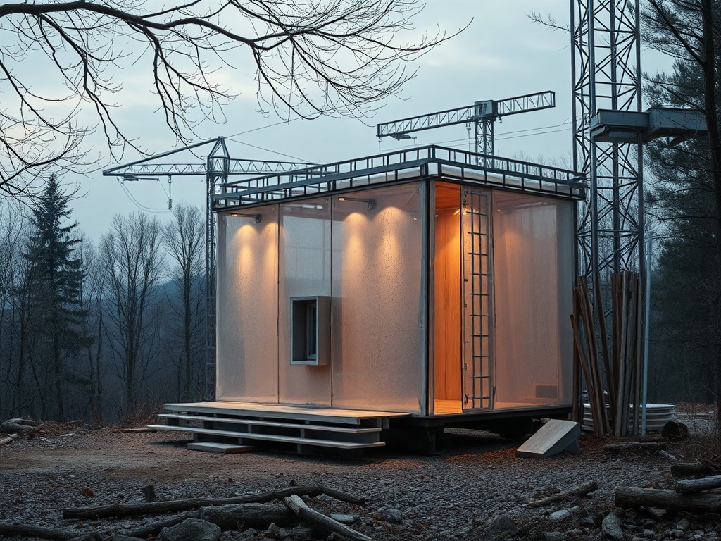 Современный дом с прозрачными стенами, окруженный деревьями, вдали виднеется строительная техника.