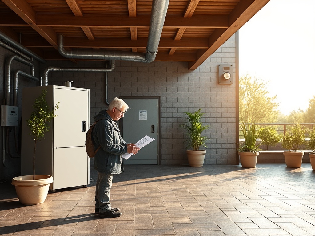 Пожилой человек читает документы в светлом помещении с растениями и современным дизайном.