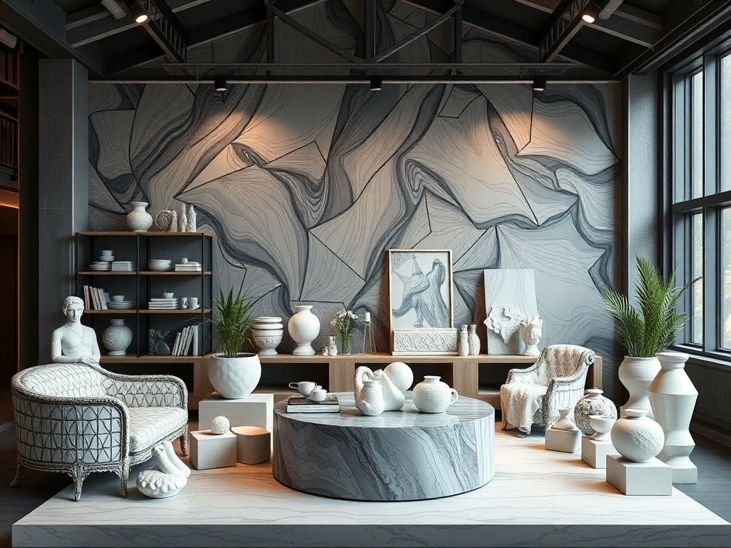 Современный интерьер с мраморными элементами, растение, художественные предметы и стильная мебель.