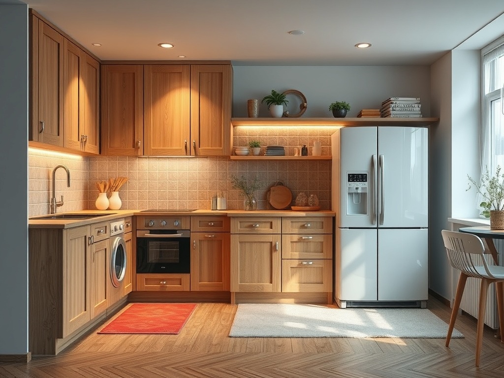 Светлая кухня с деревянными шкафами, холодильником и посудой. Уютное пространство для приготовления пищи.