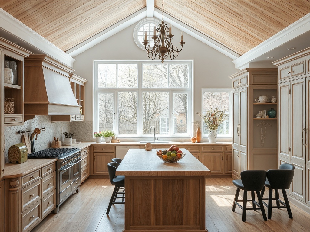 Светлая кухня с деревянными шкафами и островом, уставленным фруктами, большие окна и современная люстра.