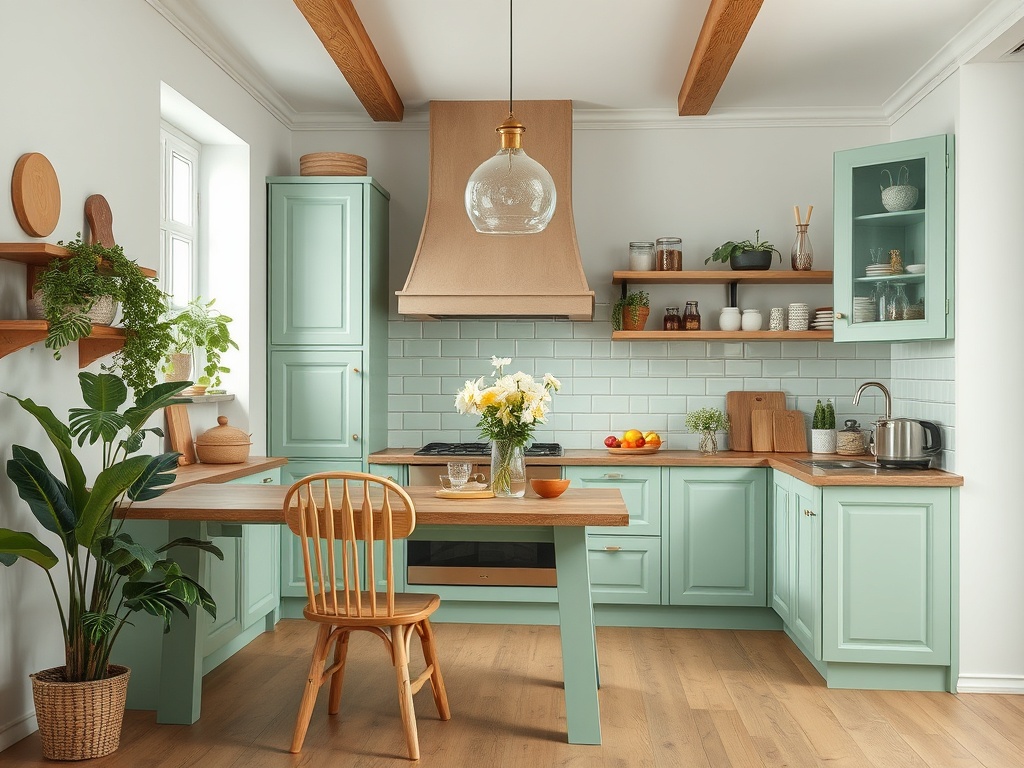 Современная кухня в мятных тонах с деревянным столом, растениями и светлой отделкой. Уютная и стильная атмосфера.