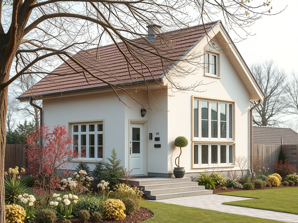 Современный дом с ухоженным садом, цветами и аккуратным фасадом, окружённый зеленью.