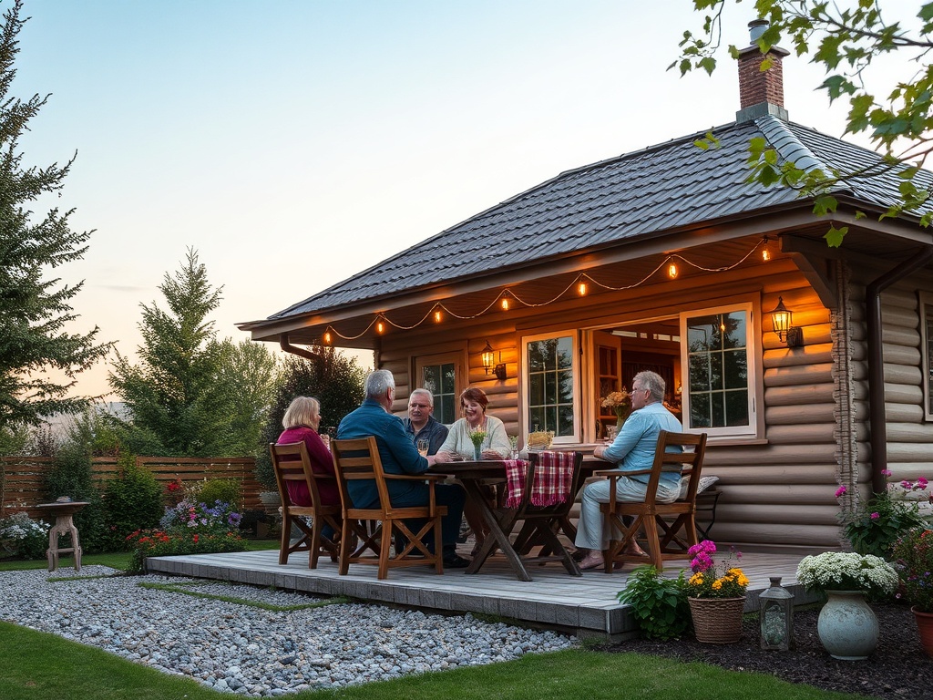 На террасе загородного дома группа из пяти человек наслаждается вечерним ужином в приятной обстановке.