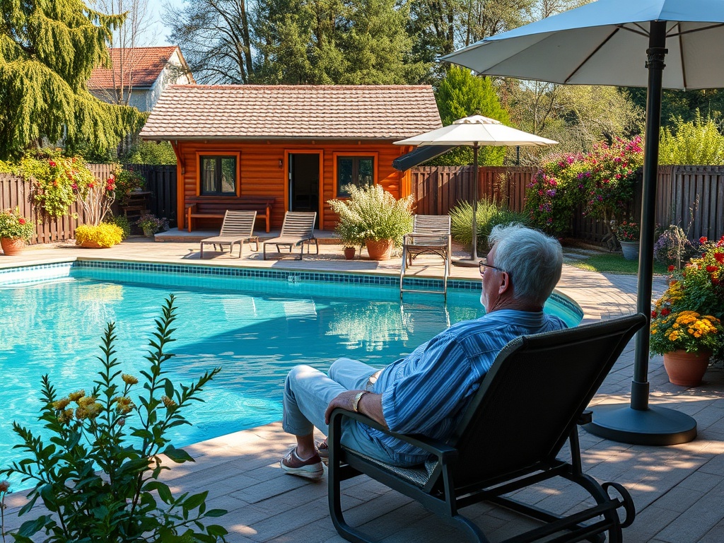 Пенсионер отдыхает у бассейна, наслаждаясь природой и атмосферой загородного дома с зелеными растениями.