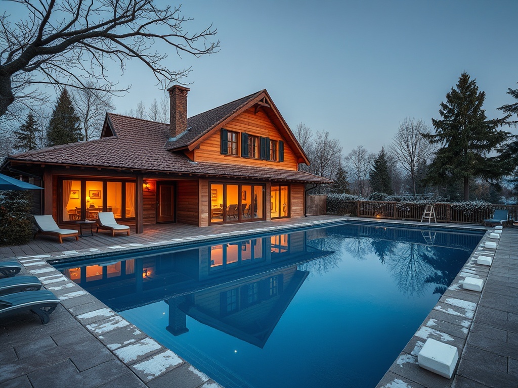 Деревянный дом с бассейном на фоне зимнего пейзажа, вечернее освещение создает уютную атмосферу.